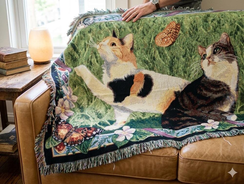 Manual Woodworkers & Weavers Cat Tales 51x68 Cotton Woven Tapestry Throw Blanket